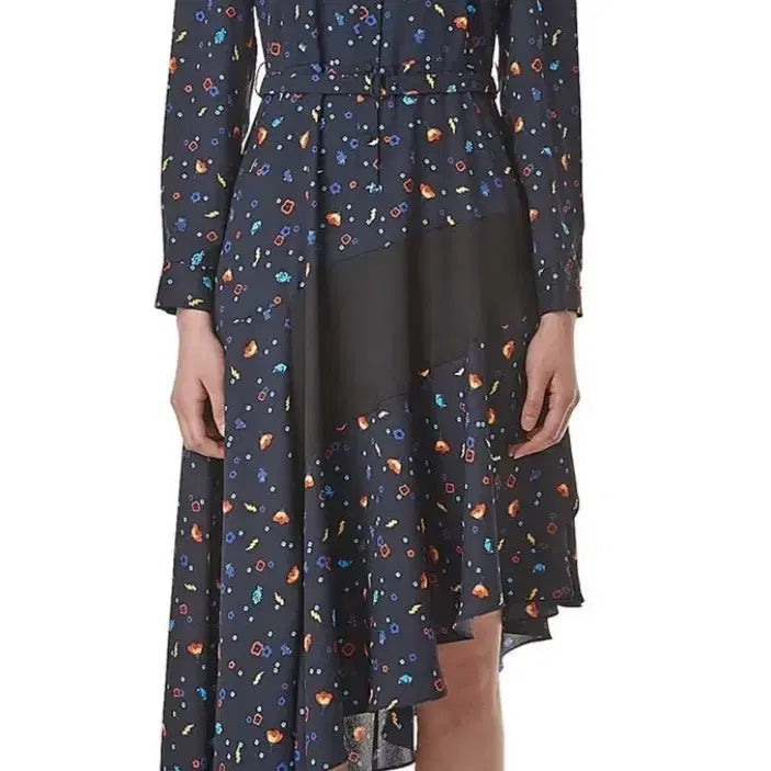[BUNJANG] Lucky Chouette Ruffle Pattern Asymmetric Belt Long Dress Navy / 럭키슈에뜨 러플 패턴 언발 벨트 롱원피스 네이비 프릴 쉬폰 브이넥 세라