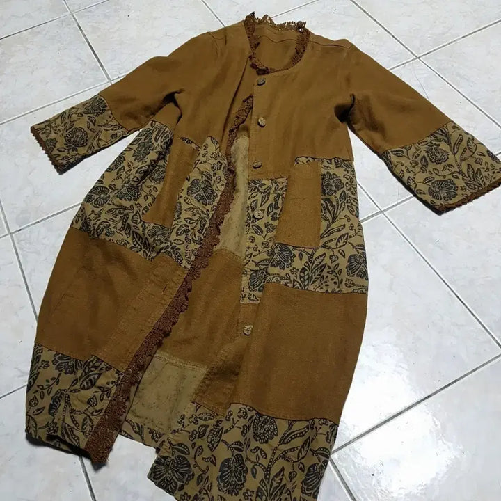 [BUNJANG] High-Quality Vintage Flower Patchwork Cotton-Linen Long Coat / 고퀄빈티지 플라워 패치워크 면마 롱 코트
