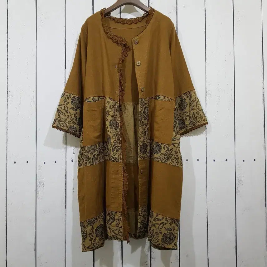 [BUNJANG] High-Quality Vintage Flower Patchwork Cotton-Linen Long Coat / 고퀄빈티지 플라워 패치워크 면마 롱 코트