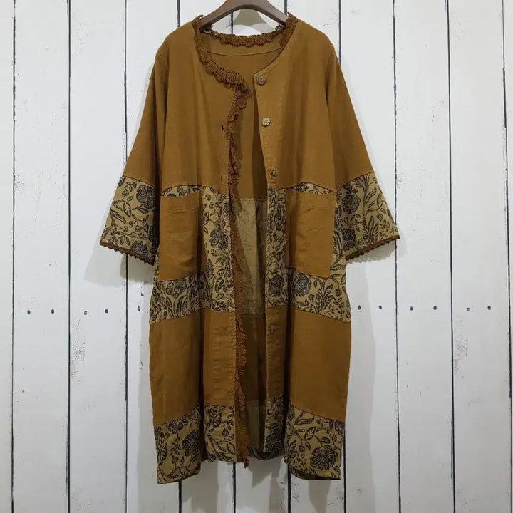 [BUNJANG] High-Quality Vintage Flower Patchwork Cotton-Linen Long Coat / 고퀄빈티지 플라워 패치워크 면마 롱 코트