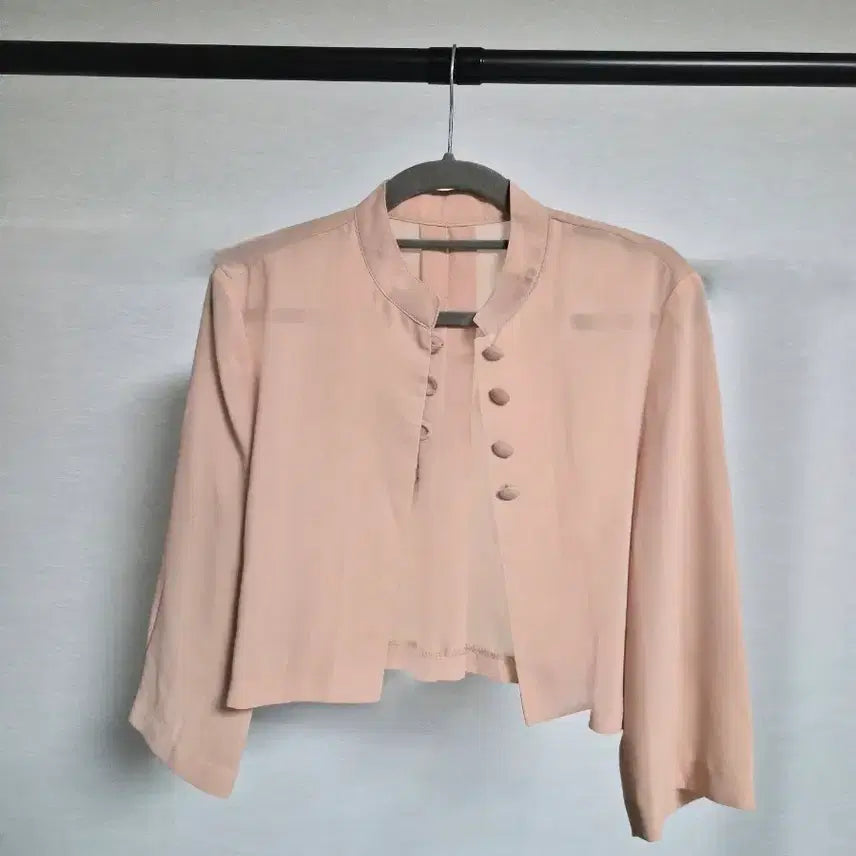 [BUNJANG] Peach Tone Mandarin Collar Crop Chiffon Jacket / 프리) 피치톤 차이나넥 크롭 쉬폰 자켓