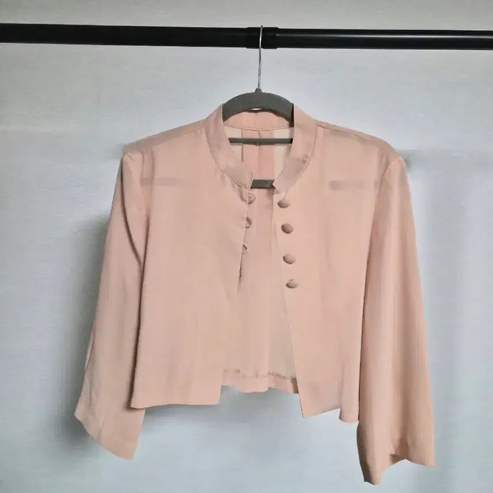 [BUNJANG] Peach Tone Mandarin Collar Crop Chiffon Jacket / 프리) 피치톤 차이나넥 크롭 쉬폰 자켓