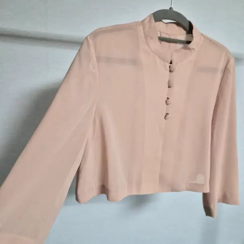 [BUNJANG] Peach Tone Mandarin Collar Crop Chiffon Jacket / 프리) 피치톤 차이나넥 크롭 쉬폰 자켓