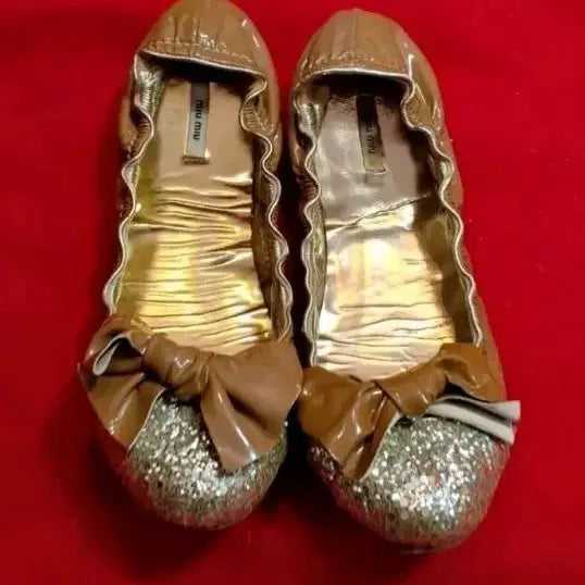 [BUNJANG] Miu Miu Gold Glitter Ribbon Ballet Flats - Size 36 (230mm) / 미우미우 금색 글리터 리본 플랫슈즈