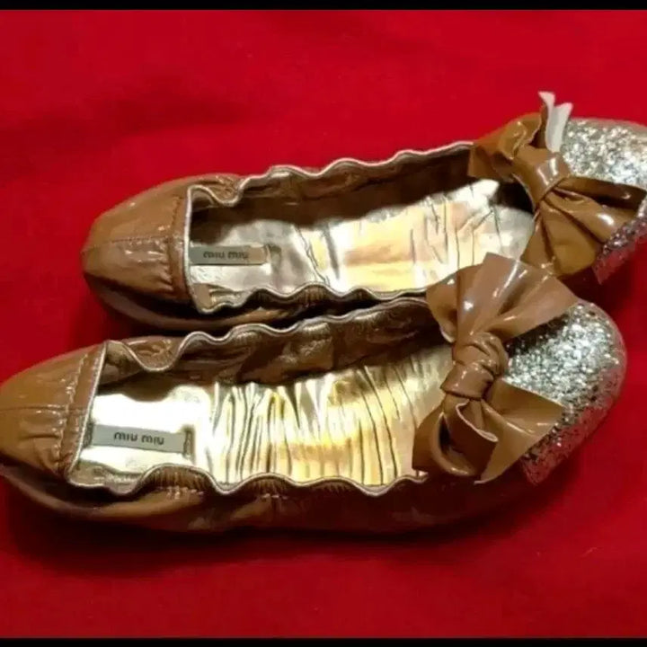 [BUNJANG] Miu Miu Gold Glitter Ribbon Ballet Flats - Size 36 (230mm) / 미우미우 금색 글리터 리본 플랫슈즈