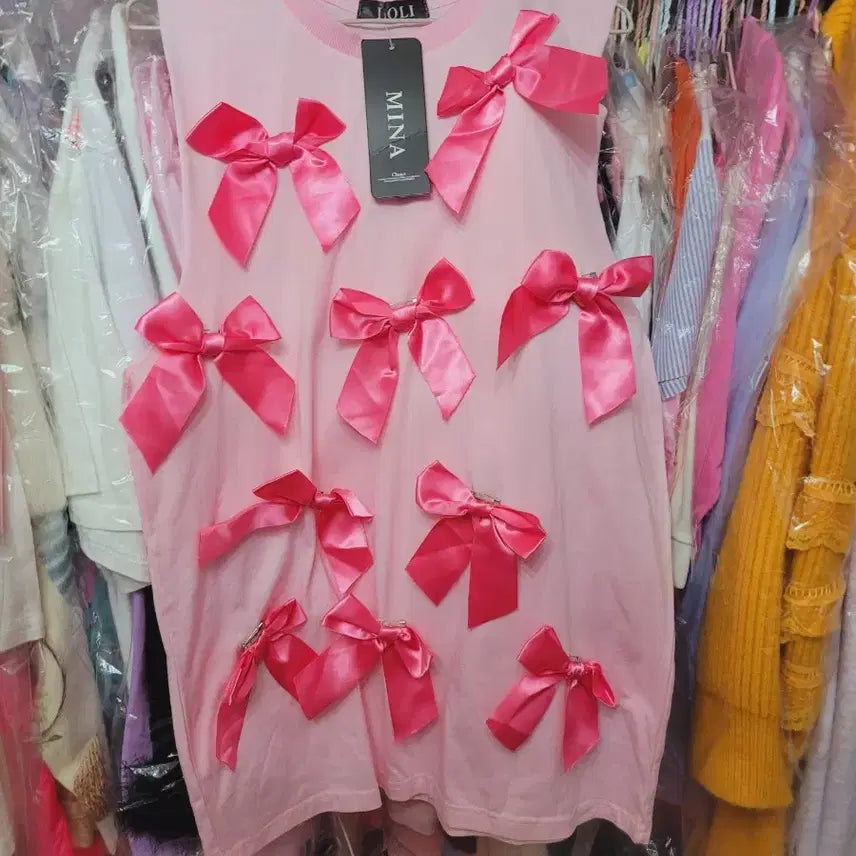 [BUNJANG] Lolimina Pink Ribbon Sleeveless T-Shirt / 롤리미나 핑크 리본 장식 민소매 티셔츠