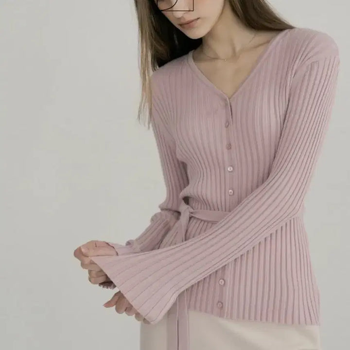 [BUNJANG] SIE Elise Ribbed V-Neck Cardigan Blush Pink / 시에 SIE 엘리제 가디건 블러쉬핑크 골지 리브드 이젤 브이넥