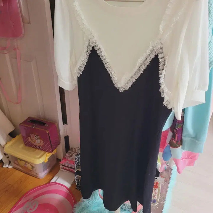 [BUNJANG] Lace Short-Sleeve Dress Black/White / 레이스 반팔 원피스 블랙/화이트