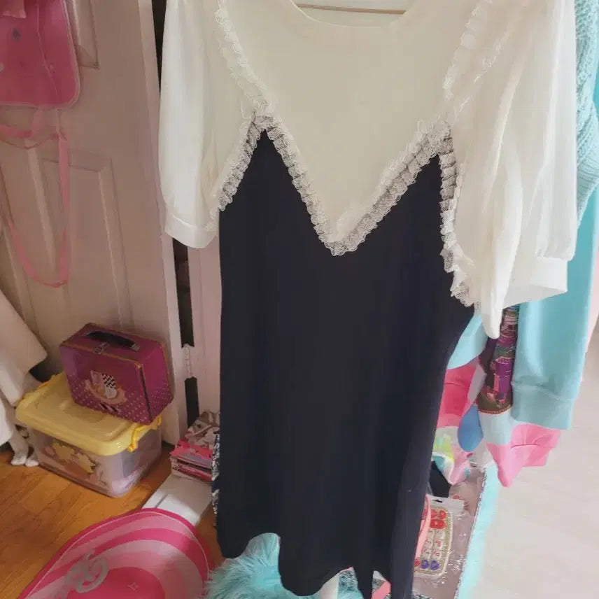 [BUNJANG] Lace Short-Sleeve Dress Black/White / 레이스 반팔 원피스 블랙/화이트