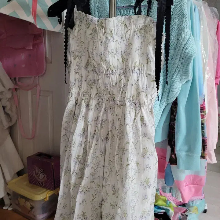 [BUNJANG] Flower Pattern Ribbon Bustier Dress / 플라워 패턴 리본끈 뷔스티에 원피스