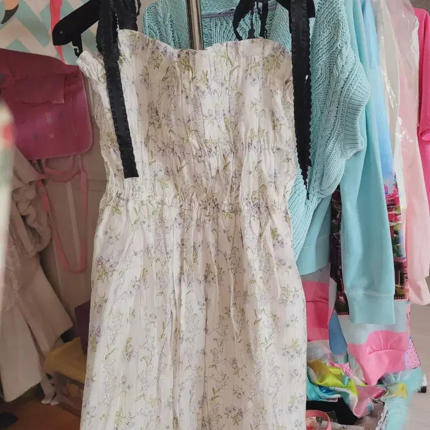 [BUNJANG] Flower Pattern Ribbon Bustier Dress / 플라워 패턴 리본끈 뷔스티에 원피스