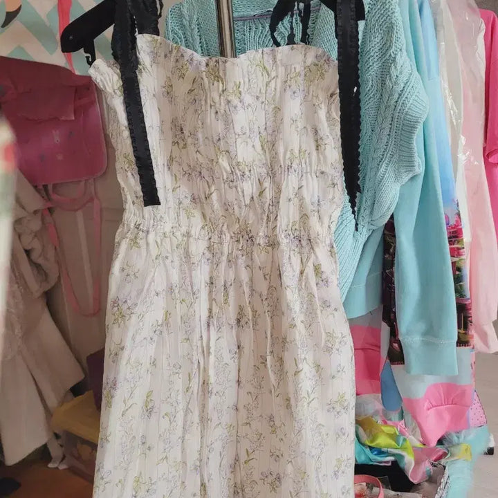 [BUNJANG] Flower Pattern Ribbon Bustier Dress / 플라워 패턴 리본끈 뷔스티에 원피스