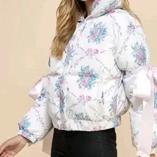 [BUNJANG] Imported Floral Pink Ribbon Padded Bomber Jacket / 수입플로럴 핑크 리본 패딩 봄버