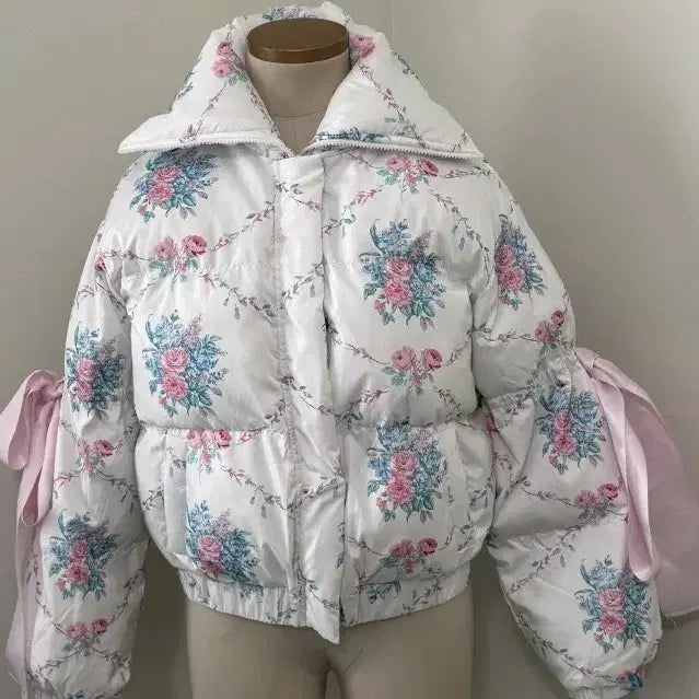 [BUNJANG] Imported Floral Pink Ribbon Padded Bomber Jacket / 수입플로럴 핑크 리본 패딩 봄버