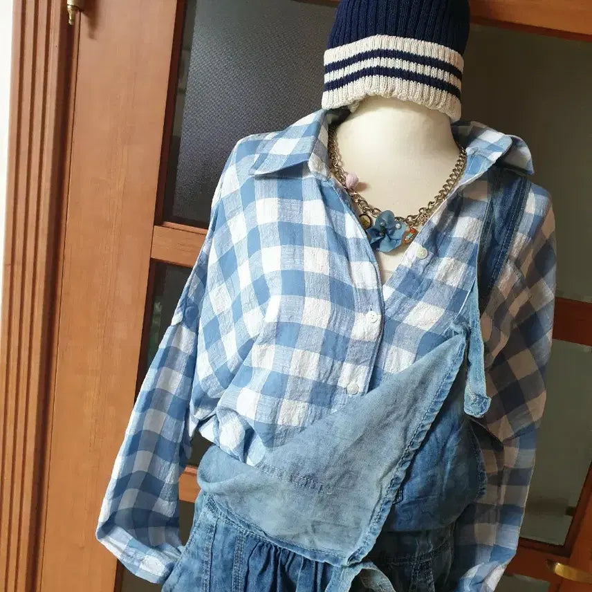 [BUNJANG] Asan Cotton Gingham Check Shirt - Light Blue / (새제품)아사면 깅엄체크셔츠 소라