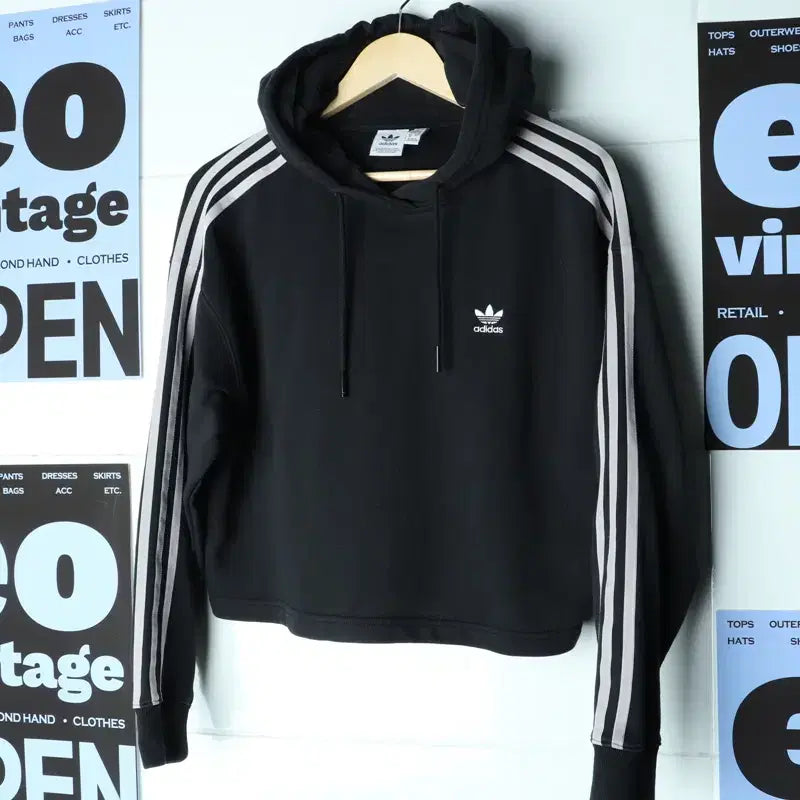 [BUNJANG] Adidas Cropped Hoodie Black / W(M-L) 아디다스 후드티셔츠 크롭 삼선 블랙-1861D