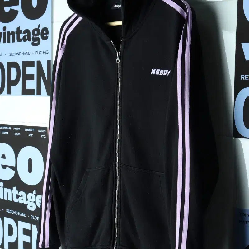 [BUNJANG] NERDY Tricolor Full Zip Hoodie Black / W(S-M) 널디 후드집업 삼선 블랙-18621
