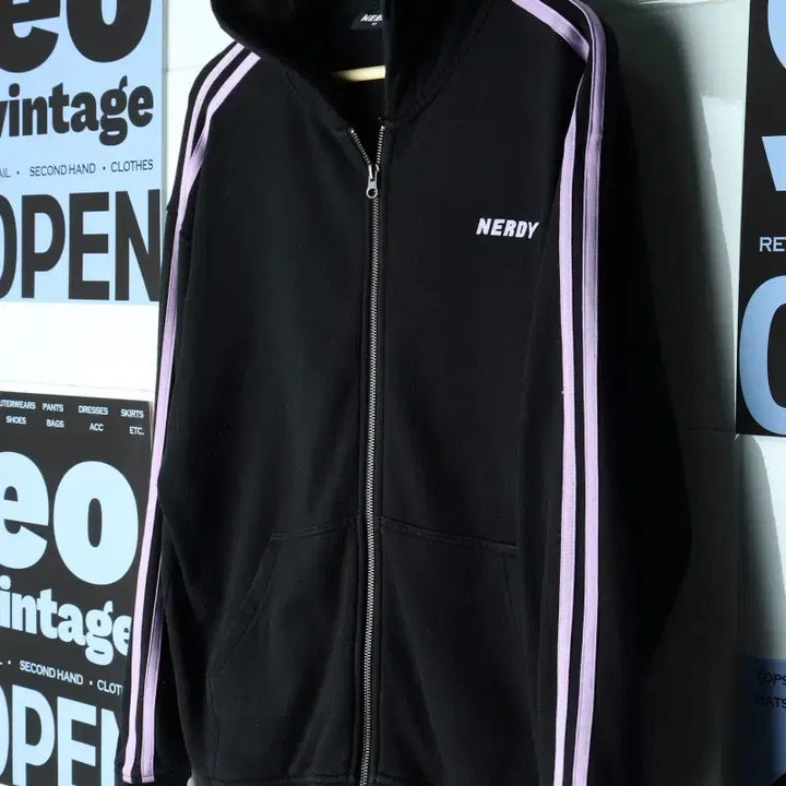 [BUNJANG] NERDY Tricolor Full Zip Hoodie Black / W(S-M) 널디 후드집업 삼선 블랙-18621