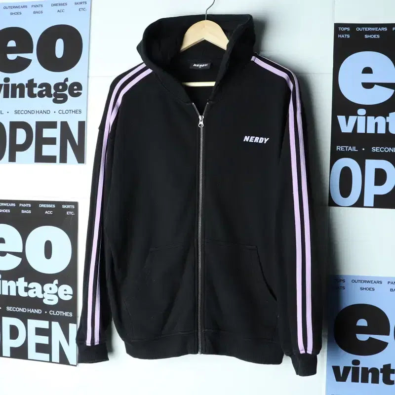 [BUNJANG] NERDY Tricolor Full Zip Hoodie Black / W(S-M) 널디 후드집업 삼선 블랙-18621