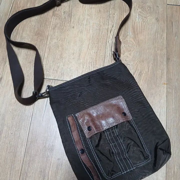 [BUNJANG] Brown Corduroy Leather Accent Crossbody Bag / 브라운 코듀로이 가죽포인트 크로스백