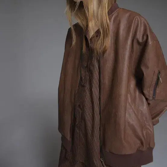 [BUNJANG] Brown Leather Bomber Jacket / 브라운 레더 봄버 자켓 가죽자켓