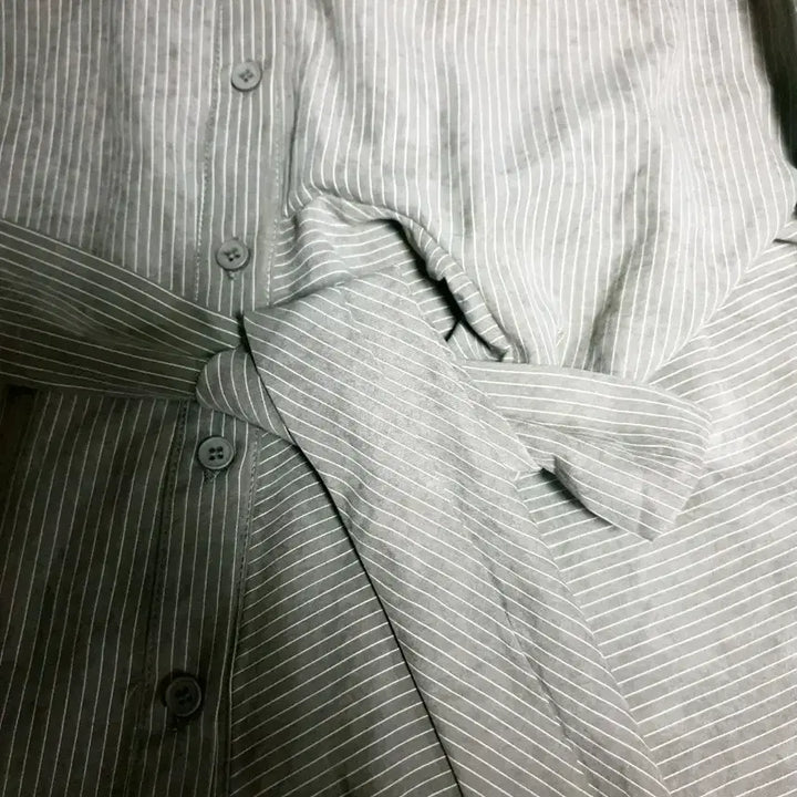[BUNJANG] Striped Asymmetrical Robe Shirt Olive / (보세) 스트라이프 언발란스 로브 셔츠 올리브 (F)