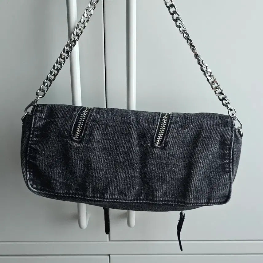[BUNJANG] Zara Denim Zipper Chain Shoulder Bag Black / 자라 데님 지퍼 체인 숄더백 블랙