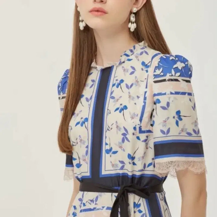 [BUNJANG] Lenibon Blue Floral Pattern Long Dress with Pearl Belt / 레니본 롱원피스 54(55)