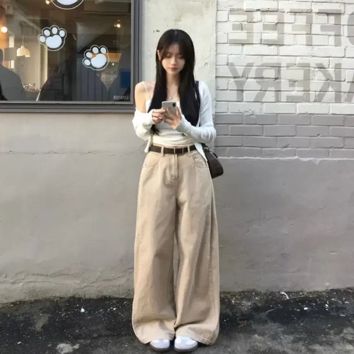 [BUNJANG] Jasmine Bell Cozy Pinched Jogger Long Wide Pants Beige S / 자스민벨 코즈 핀턱 조거 롱와이드 팬츠 베이지 S