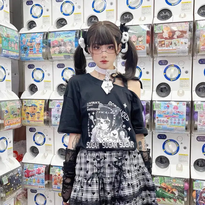 [BUNJANG] Gothic Off-Shoulder Short-Sleeve T-Shirt with Ribbon / 지뢰계 고딕 오프숄더 리본 반팔티셔츠 펑크 중브 서브걸쳐고스로리y2k