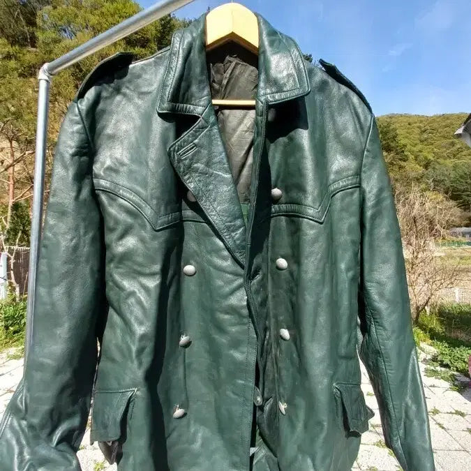 [BUNJANG] 1980s East German (DDR) Volkspolizei Detective Leather Jacket / 80s 동독 디텍터 딥 그린 자켓 수갑 결속구 디테일 (남 L)