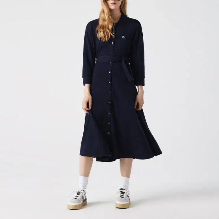 [BUNJANG] Lacoste Navy Belted 7-Sleeve Midi Dress / (새상품) 라코스테 네이비 벨티드 원피스 34