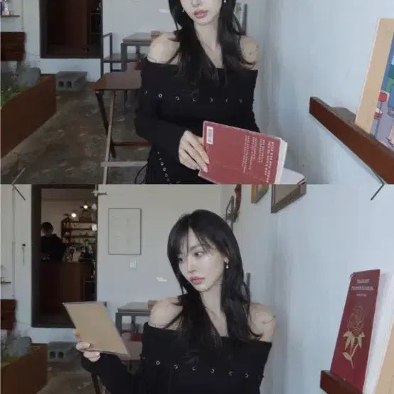 [BUNJANG] Faye Jade Eyelet Off-Shoulder Knit Black / 페일제이드 아일릿 오프숄더 니트 블랙