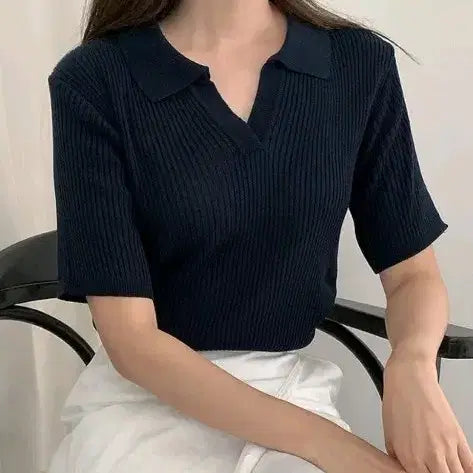 [BUNJANG] Lauren Hi Kara Summer Short Sleeve Knit / 로렌하이 카라 여름 반팔 니트