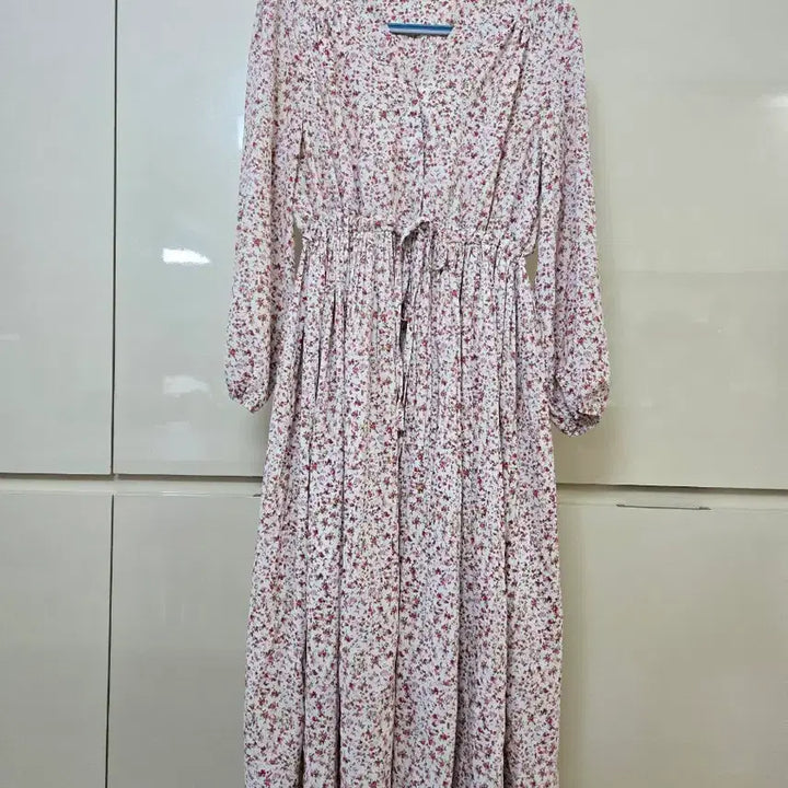 [BUNJANG] Floral Print Long Dress with Waist Tie / 잔꽃무늬 롱 원피스 허리끈 free