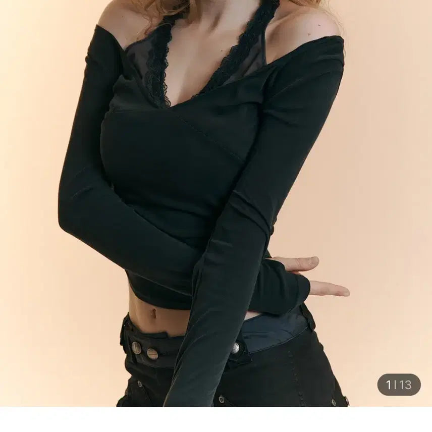 [BUNJANG] Amelia Lace Halter Long Sleeve Top / Amelia Lace Halter Long Sleeve Top (Cool