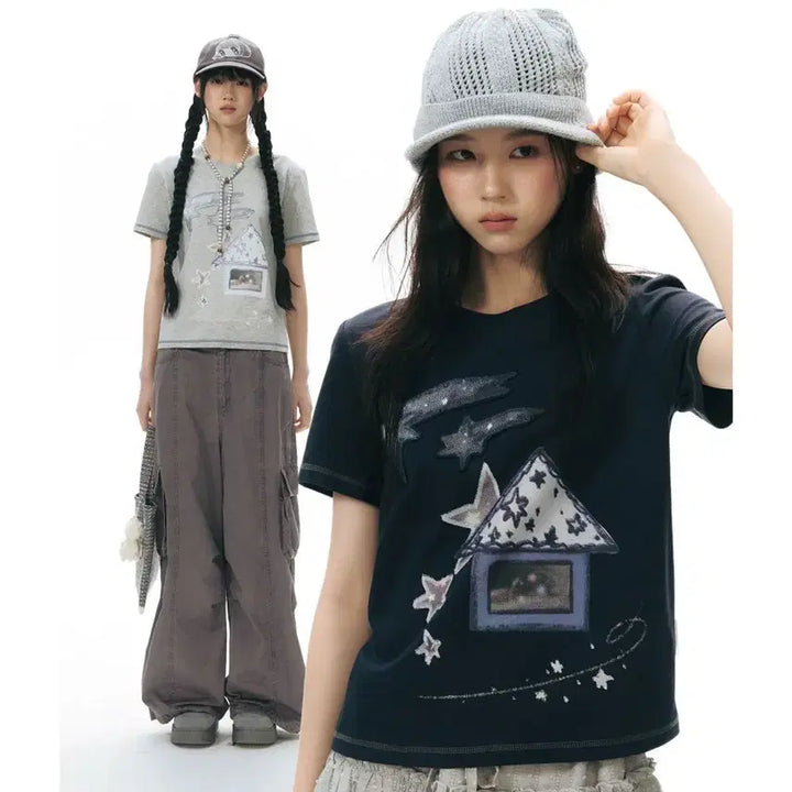 [BUNJANG] TAKEANAP House Appliqué Print Short-Sleeve T-Shirt / TAKEANAP 테이크어냅 하우스 아플리케 프린트 반팔티