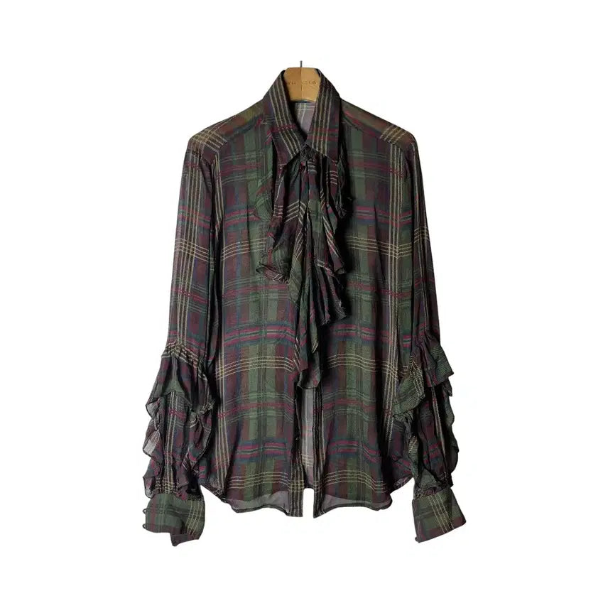 [BUNJANG] Ralph Lauren Sheer Check Frill Silk Blouse / [Ralph Lauren] 랄프로렌 시스루 체크 프릴 실크 블라우스
