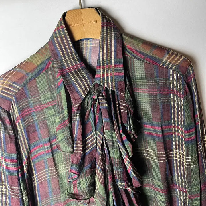 [BUNJANG] Ralph Lauren Sheer Check Frill Silk Blouse / [Ralph Lauren] 랄프로렌 시스루 체크 프릴 실크 블라우스