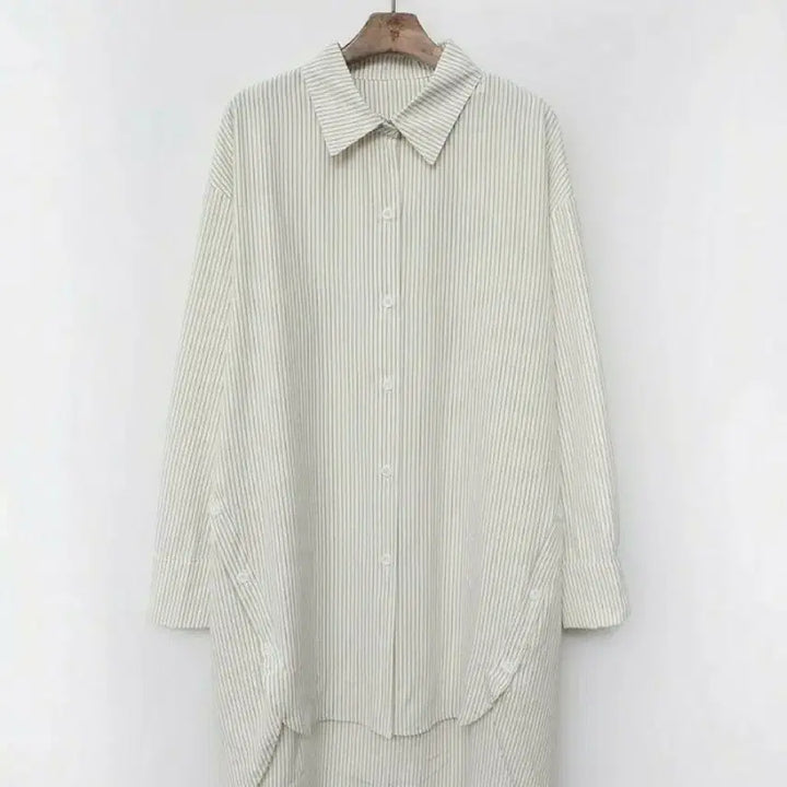 [BUNJANG] Button Detail Stripe Long Shirt / 단추 스트라이프 셔츠 줄무늬 셔츠 롱셔츠