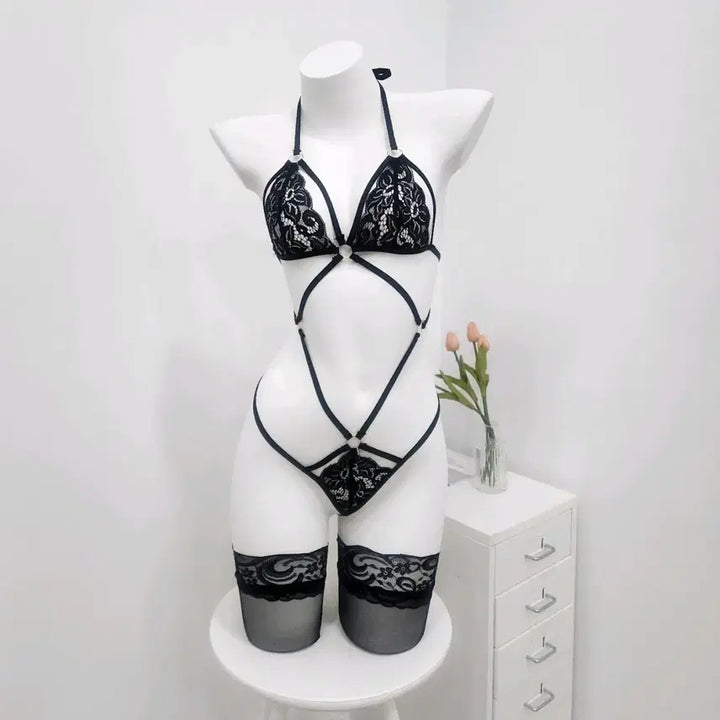 [BUNJANG] Black Strap Lace All-in-One Lingerie / 블랙 스트랩 레이스 올인원 란제리 속옷