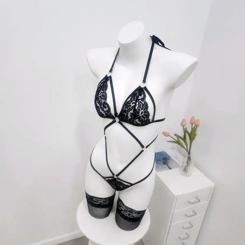 [BUNJANG] Black Strap Lace All-in-One Lingerie / 블랙 스트랩 레이스 올인원 란제리 속옷