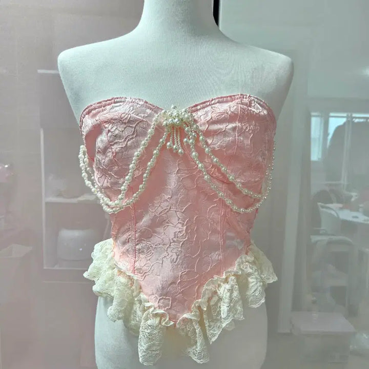 [BUNJANG] Pink Lace Beaded Top / 핑크 레이스 구슬 탑(새상품)