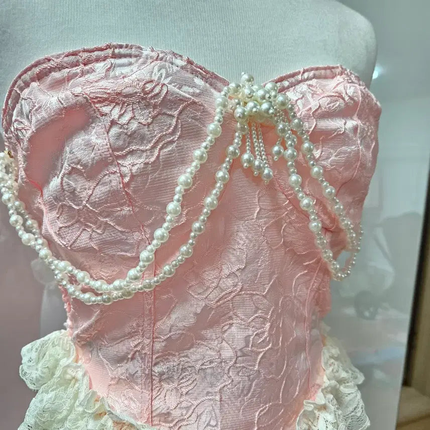 [BUNJANG] Pink Lace Beaded Top / 핑크 레이스 구슬 탑(새상품)
