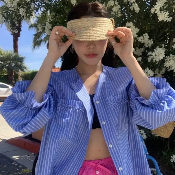 [BUNJANG] Without Summer Kelly Frill Stripe Shirt / 위드아웃썸머 켈리 프릴 셔츠 스트라이프 Kelly frill shirt