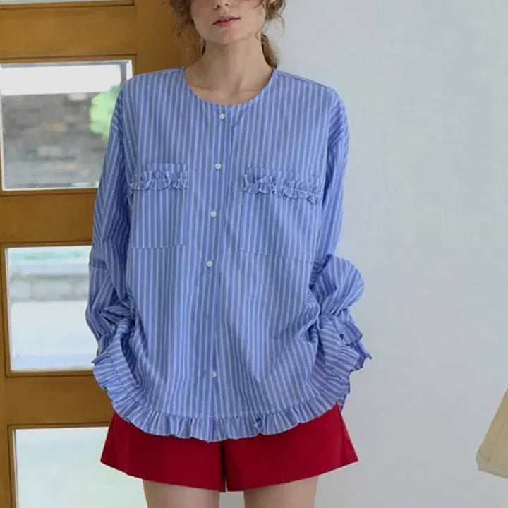 [BUNJANG] Without Summer Kelly Frill Stripe Shirt / 위드아웃썸머 켈리 프릴 셔츠 스트라이프 Kelly frill shirt