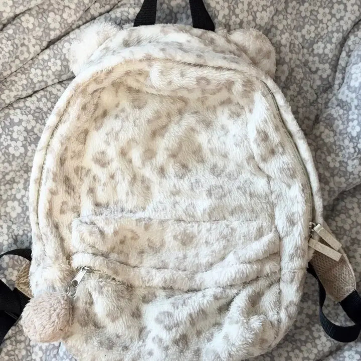 [BUNJANG] Kumamimi Teddy Bear Ears Leopard Backpack with Pom Pom Tail / 쿠마미미 곰돌이 귀 갸루 레오파드 백팩 폼폼이 꼬리 뽀송뽀송 방꾸라떼