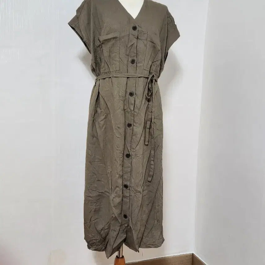 [BUNJANG] Linen V-Neck Long Dress Khaki / 브이넥 린넨 롱 원피스 카키색
