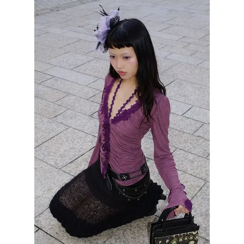[BUNJANG] CHIPCHIP Purple V-Neck Lace Shirring Slim Sexy Hook Top / CHIPCHIP 칩칩샵 퍼플 V넥 레이스 셔링 슬림 섹시 후크 탑