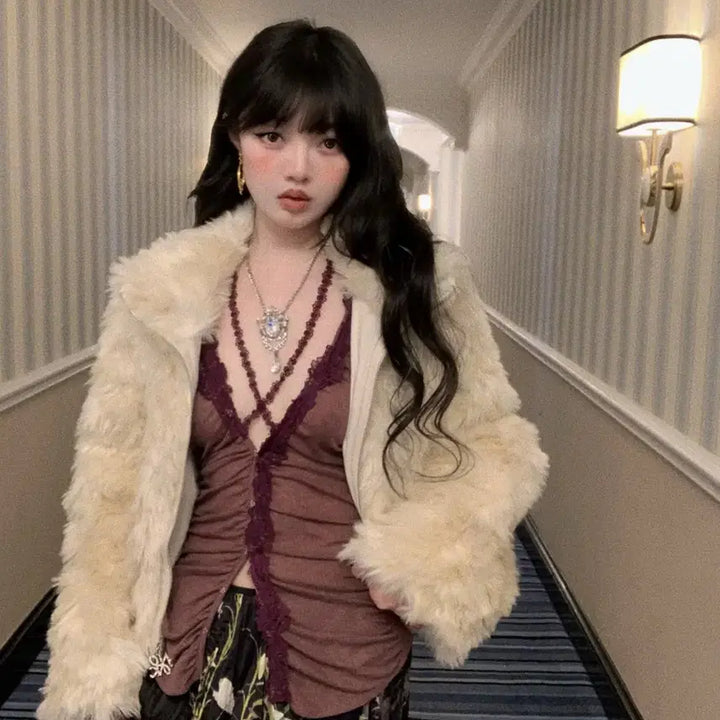 [BUNJANG] CHIPCHIP Purple V-Neck Lace Shirring Slim Sexy Hook Top / CHIPCHIP 칩칩샵 퍼플 V넥 레이스 셔링 슬림 섹시 후크 탑